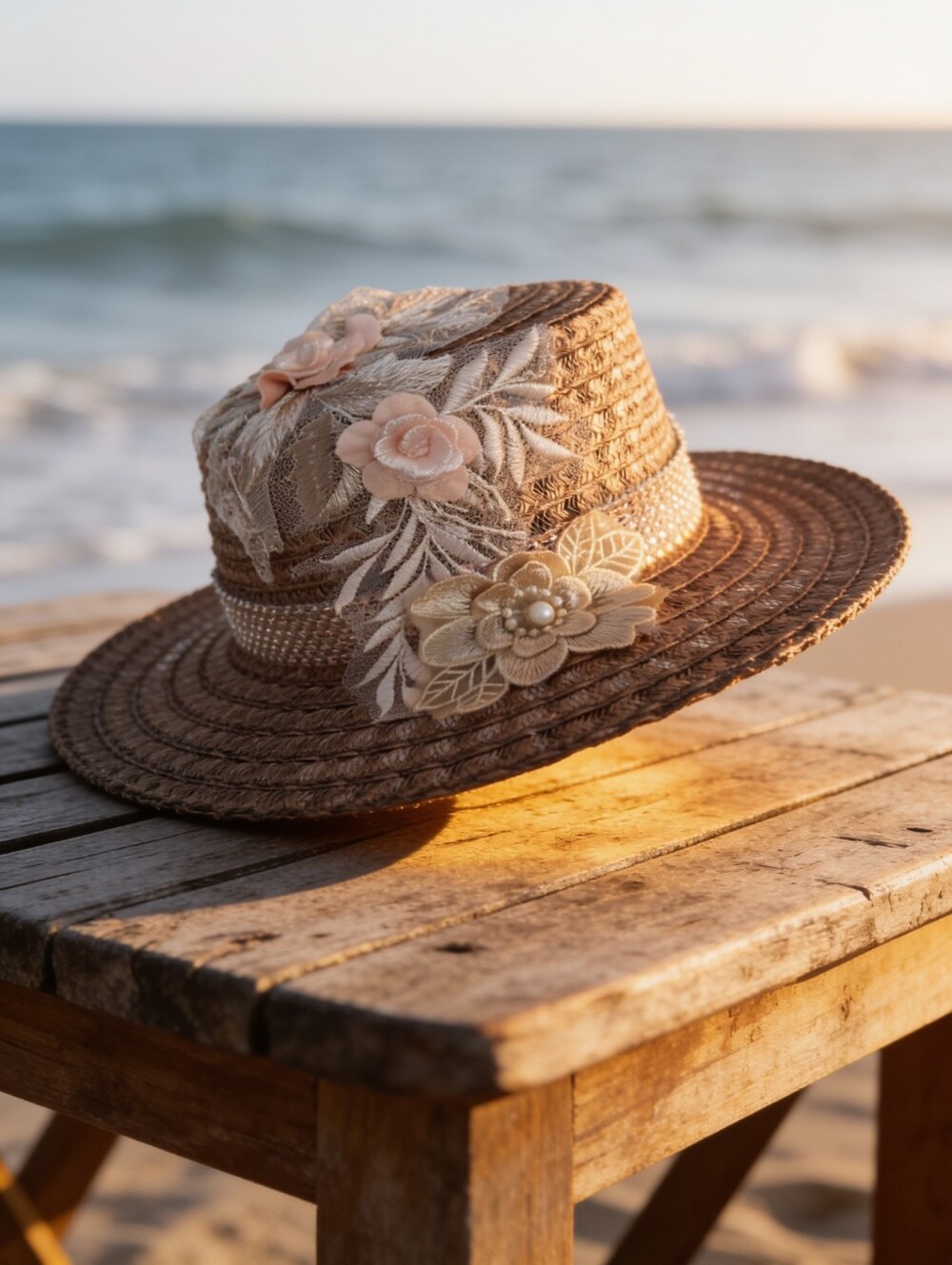 Rose Gold Straw Wide-Brim Women's Hat with Decorative Band